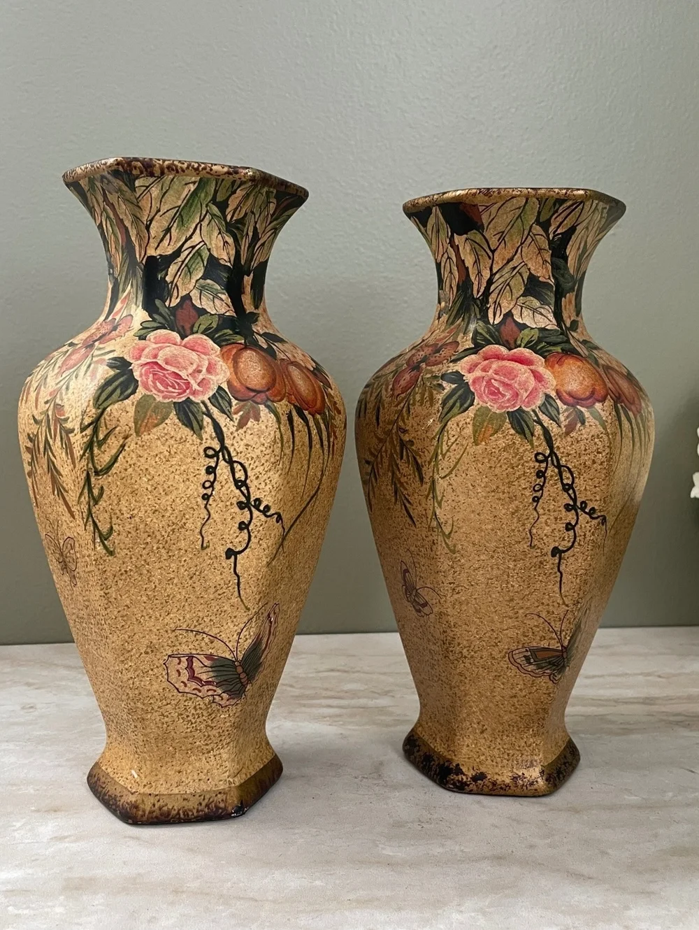 Vintage Nantucket Ceramic Vase Pair | Hand Painted Floral Butterfly